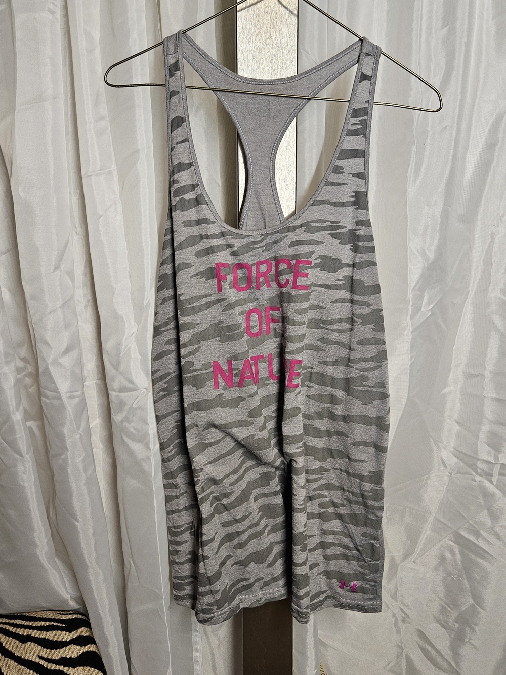 Under Armour Gray Camo Racerback Tank with Pink 'Force of Nature' Print L